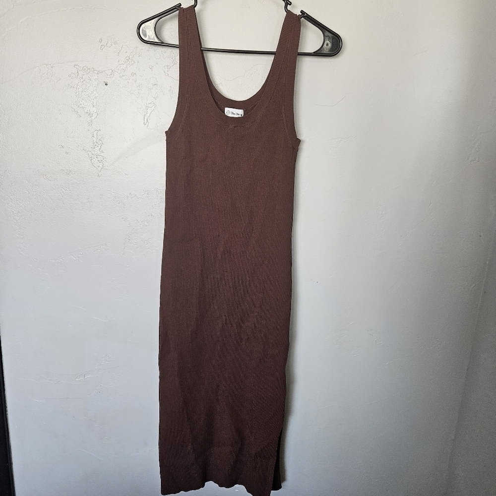 The Drop Women's Small Brown Ribbed Sleeveless Bodycon Midi Dress Tank Top Slit